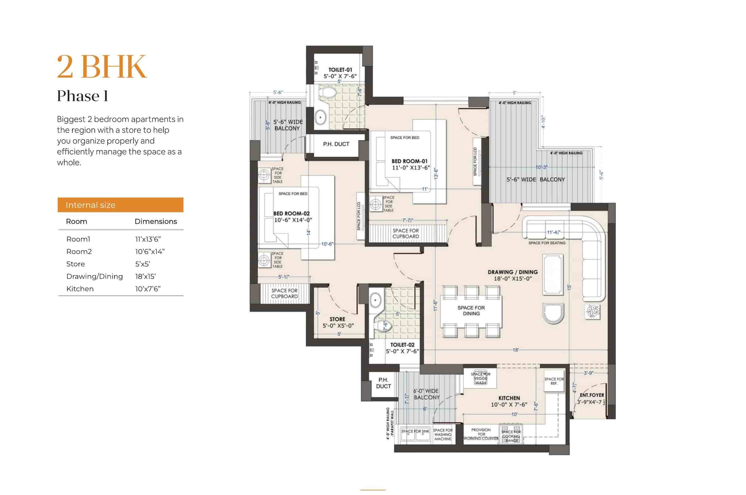 2 BHK floor plan, Phase 1, Escon Primera Zirakpur — 1,305 sq.ft. with 2 bedrooms, store room, drawing/dining, and kitchen