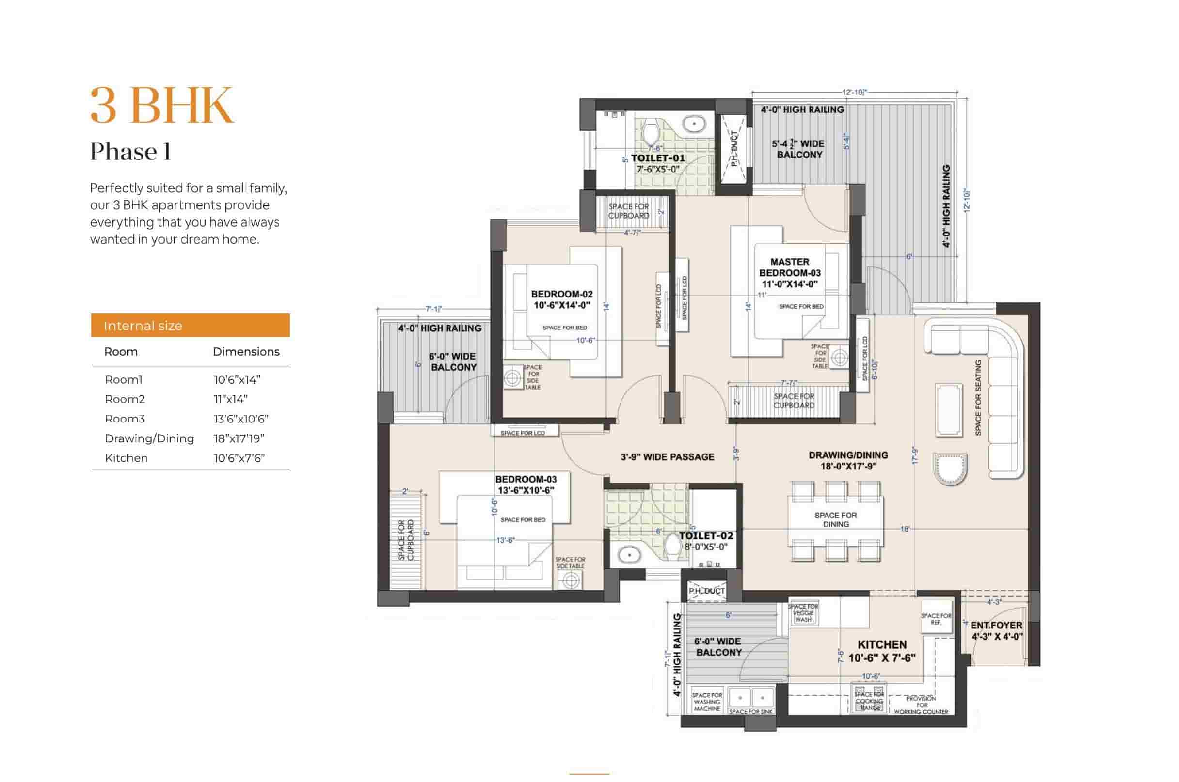 3 BHK floor plan, Phase 1, Escon Primera Zirakpur — 1,550 sq.ft. with 3 bedrooms, drawing/dining, and kitchen