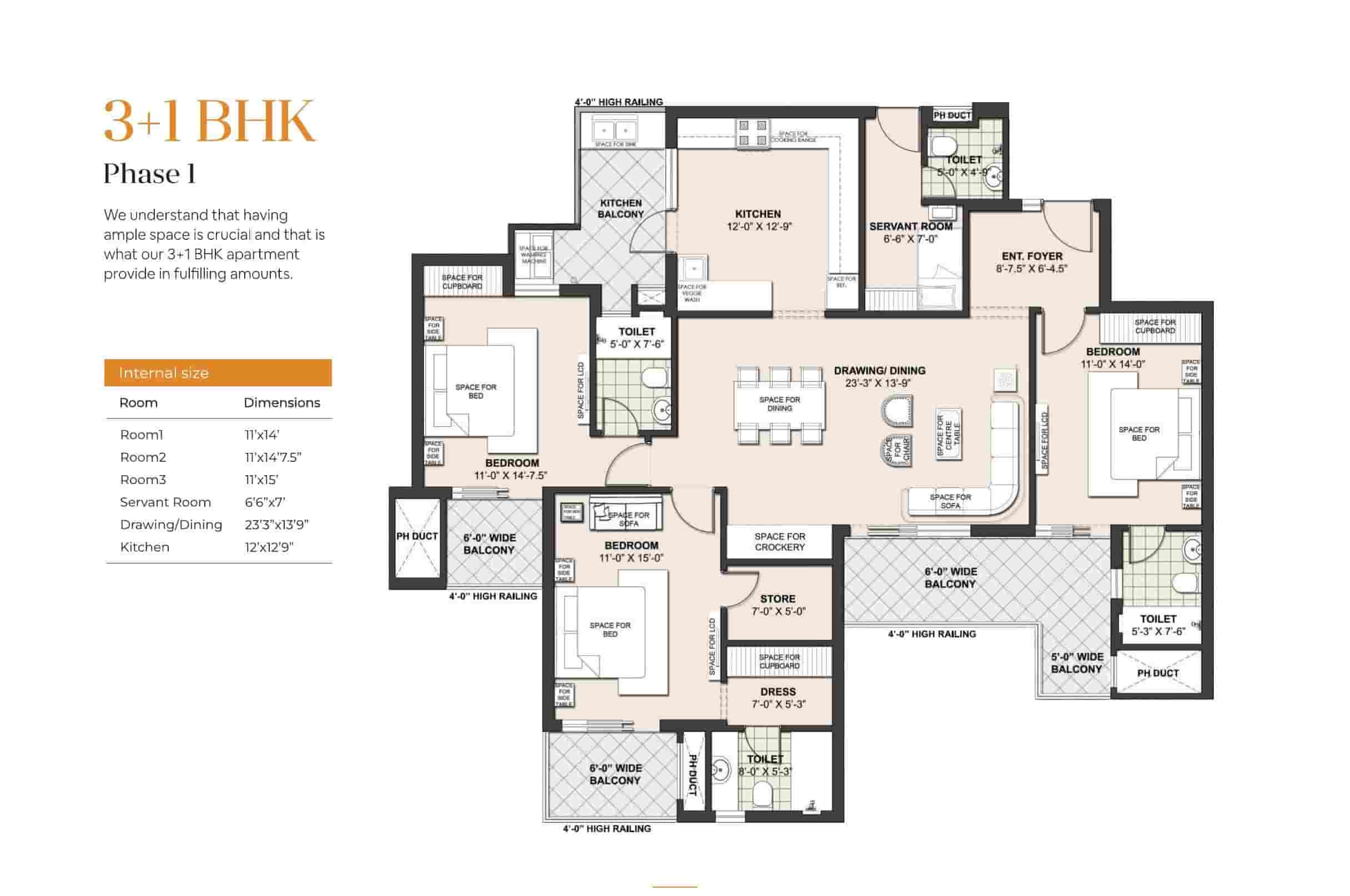 3+1 BHK floor plan, Phase 1, Escon Primera Zirakpur — 2,450 sq.ft. with 3 bedrooms, servant room, store/dress room, drawing/dining, and kitchen