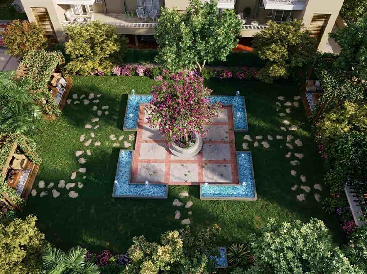 Elevated Green Park — Escon Primera landscaped garden with fountain