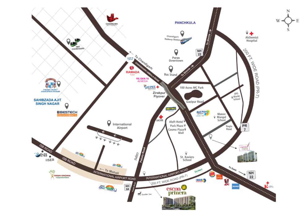 Location map of Escon Primera, Zirakpur — showing proximity to Chandigarh Airport, PR-7, schools, hospitals and landmarks
